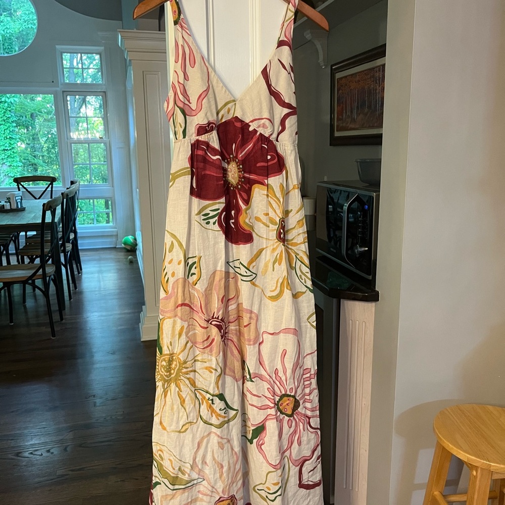 Old Navy Cream/burgundy maxi dress with Bold Floral Design